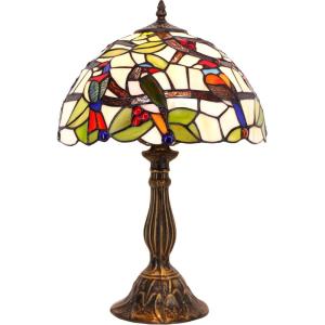 imageWERFACTORY Tiffany Table Lamp Mix Color Stained Glass Bedside Lamp Double Birds Reading Desk Light 12X12X18 Inches Decor Bedroom Living Room Home Office S805 Series