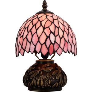 imageWERFACTORY Small Tiffany Lamp Desk Pink Wisteria Style Stained Glass Mushroom Table Lamp Bronze Mini Accent Lamp W8H11 Inch S523P Series