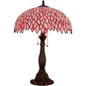 imageWERFACTORY Tiffany Lamp Stained Glass Style Bedside Table Lamp Pink Wisteria Desk Reading Light Resin Base 16X16X24 Inches Decor Bedroom Living Room Home Office S523P Series