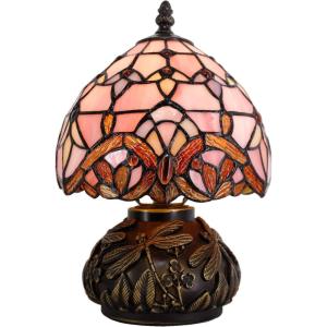 imageWERFACTORY Small Tiffany Lamp Desk Pink Stained Glass Baroque Mushroom Table Lamp Bronze Mini Accent Lamp W8H11 Inch S003P Series