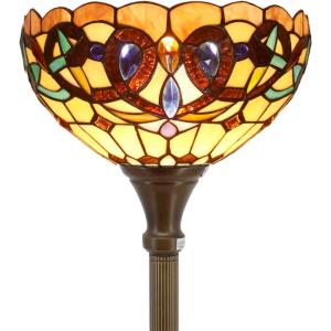 imageWERFACTORY Tiffany Floor Lamp Serenity Victorian Stained Glass Light 12X12X66 Inches Pole Torchiere Standing Corner Torch Uplight Decor Bedroom Living Room Home Office S021 Series