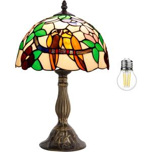 imageWERFACTORY Tiffany Table Lamp Stained Glass Bedside Lamp Double Tropical Birds Desk Reading Light 12X12X18 Inches Decor Bedroom Living Room Home Office S803 Series