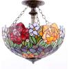 imageWERFACTORY Tiffany Ceiling Light Fixture Red Yellow Rose Stained Glass Semi Flush Mount Lamp Wide 16 Inch Height 15 Inch Tiffany Ceiling Lamp S001 Series
