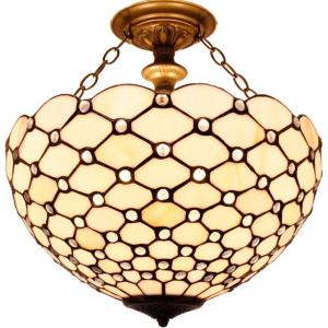 imageWERFACTORY Tiffany Ceiling Light Fixture Cream Amber Stained Glass Bead Semi Flush Mount Lamp Wide 16 Inch Height 15 Inch Tiffany Ceiling Lamp S005 Series