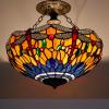 imageWERFACTORY Tiffany Ceiling Light Fixture Orange Blue Stained Glass Dragonfly Semi Flush Mount Lamp Wide 16 Inch Height 15 Inch Tiffany Ceiling Lamp S168 Series
