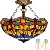 imageWERFACTORY Tiffany Ceiling Light Fixture Orange Blue Stained Glass Dragonfly Semi Flush Mount Lamp Wide 16 Inch Height 15 Inch Tiffany Ceiling Lamp S168 Series