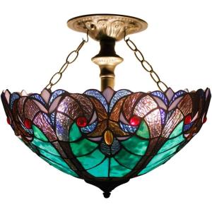 imageWERFACTORY Tiffany Ceiling Light Fixture Green Liaison Stained Glass Semi Flush Mount Lamp Wide 16 Inch Height 15 Inch Tiffany Ceiling Lamp S160G Series