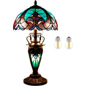imageWERFACTORY Tiffany Style Table Lamp Green Stained Glass Liaison Lamp 12X12X22 Inches MotherDaughter Vase Desk Reading Light Decor Bedroom Living Room Home Office S160G Series