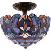 imageWERFACTORY Tiffany Ceiling Light Fixture Blue Purple Cloudy Stained Glass Semi Flush Mount Lamp Wide 12 Inch Height 11 Inch S558 Series