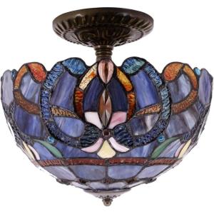 imageWERFACTORY Tiffany Ceiling Light Fixture Blue Purple Cloudy Stained Glass Semi Flush Mount Lamp Wide 12 Inch Height 11 Inch S558 Series