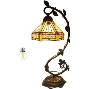 imageWERFACTORY Tiffany Lamp Stained Glass Table Lamp Yellow Hexagon Mission Bedside Desk Reading Light Metal Leaf Base 8X10X21 Inches Decor Small Space Bedroom Home Office S011 Series