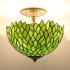 imageTiffany Ceiling Fixture Lamp Semi Flush Mount 12 Inch Green Wisteria Stained Glass Shade For Dinner Room Pendant Hanging 2 Light