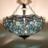 imageWERFACTORY Tiffany Ceiling Light Fixture Sea Blue Stained Glass Dragonfly Semi Flush Mount Lamp Wide 16 Inch Height 15 Inch Tiffany Ceiling Lamp S147 Series