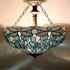 imageWERFACTORY Tiffany Ceiling Light Fixture Sea Blue Stained Glass Dragonfly Semi Flush Mount Lamp Wide 16 Inch Height 15 Inch Tiffany Ceiling Lamp S147 Series