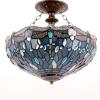 imageWERFACTORY Tiffany Ceiling Light Fixture Sea Blue Stained Glass Dragonfly Semi Flush Mount Lamp Wide 16 Inch Height 15 Inch Tiffany Ceiling Lamp S147 Series