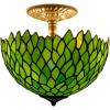 imageTiffany Ceiling Fixture Lamp Semi Flush Mount 12 Inch Green Wisteria Stained Glass Shade For Dinner Room Pendant Hanging 2 Light