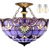 imageWERFACTORY Tiffany Ceiling Light Fixture Blue Purple Baroque Stained Glass Semi Flush Mount Lamp Wide 16 Inch Height 15 Inch Tiffany Ceiling Lamp S003C Series