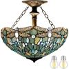imageWERFACTORY Tiffany Ceiling Light Fixture Sea Blue Stained Glass Dragonfly Semi Flush Mount Lamp Wide 16 Inch Height 15 Inch Tiffany Ceiling Lamp S147 Series