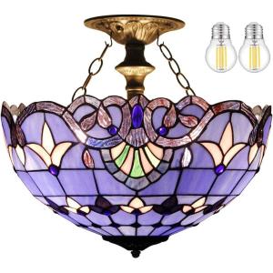 imageWERFACTORY Tiffany Ceiling Light Fixture Blue Purple Baroque Stained Glass Semi Flush Mount Lamp Wide 16 Inch Height 15 Inch Tiffany Ceiling Lamp S003C Series