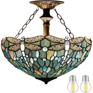 imageWERFACTORY Tiffany Ceiling Light Fixture Sea Blue Stained Glass Dragonfly Semi Flush Mount Lamp Wide 16 Inch Height 15 Inch Tiffany Ceiling Lamp S147 Series