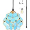 imageTiffany Pendant Lighting Plug in Cord Stained Glass Blue Petal Shade Hanging Light Fixture for Kitchen Island Farmhouse Chandelier LED Mini Long Swag Dining Room Hallway WERFACTORY Blue