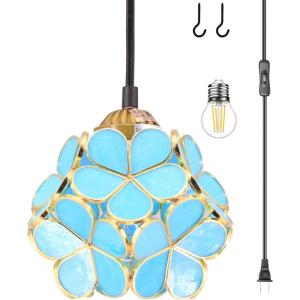 imageTiffany Pendant Lighting Plug in Cord Stained Glass Blue Petal Shade Hanging Light Fixture for Kitchen Island Farmhouse Chandelier LED Mini Long Swag Dining Room Hallway WERFACTORY Blue
