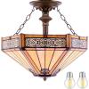 imageWERFACTORY Tiffany Ceiling Light Fixture Yellow Hexagon Stained Glass Mission Semi Flush Mount Lamp Wide 16 Inch Height 15 Inch Tiffany Ceiling Lamp S011 Series