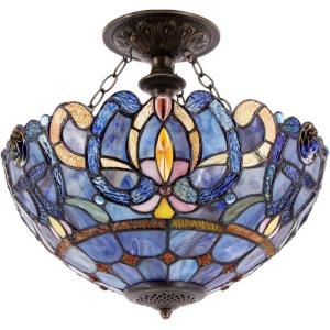 imageWERFACTORY Tiffany Ceiling Light Fixture Blue Purple Cloudy Stained Glass Semi Flush Mount Lamp Wide 16 Inch Height 15 Inch Tiffany Ceiling Lamp S558 Series