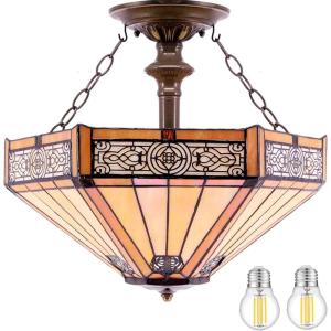 imageWERFACTORY Tiffany Ceiling Light Fixture Yellow Hexagon Stained Glass Mission Semi Flush Mount Lamp Wide 16 Inch Height 15 Inch Tiffany Ceiling Lamp S011 Series