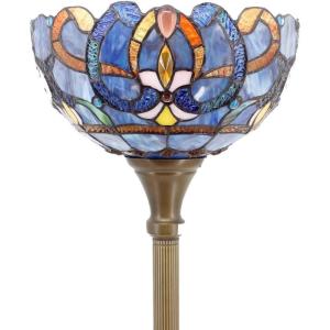 imageWERFACTORY Tiffany Floor Lamp Blue Purple Cloud Stained Glass Light 12X12X66 Inches Pole Torchiere Standing Corner Torch Uplight Decor Bedroom Living Room Home Office S558 Series Blue Purple