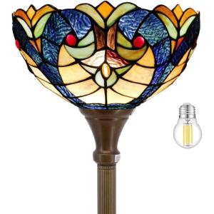 imageWERFACTORY Tiffany Floor Lamp Blue Yellow Liaison Stained Glass Light 12X12X66 Inches Torchiere Standing Corner Torch Uplight Decor Bedroom Living Room Home Office S160E Series B