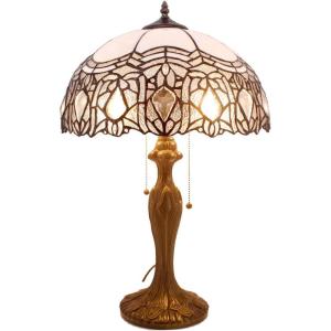 imageWERFACTORY Tiffany Style Table Lamp White Stained Glass Crystal Bedside Lamp 16X16X24 Inch Desk Reading Light Metal Base Decor Bedroom Living Room Home Office S508W Series