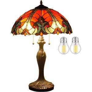 imageWERFACTORY Tiffany Table Lamp Red Liaison Stained Glass Style Bedside Lamp 16X16X24 Inches Antique Desk Reading Light Metal Base Decor Bedroom Living Room Home Office S160R Series