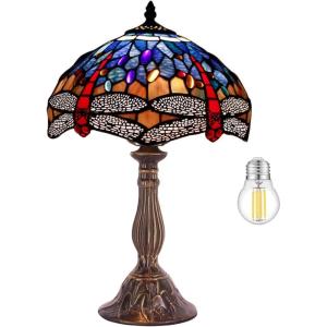 imageWERFACTORY Tiffany Lamp Blue Red Stained Glass Dragonfly Style Bedside Table Lamp Desk Reading Light 12X12X18 Inches Decor Nightstand Bedroom Living Room Home Office S688 Series