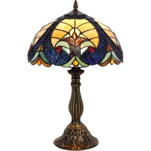 imageWERFACTORY Tiffany Style Lamp Stained Glass Bedside Table Lamp Blue Yellow Liaison Reading Desk Light 12X12X18 Inches Decor Bedroom Living Room Home Office S160E Series