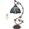 imageWERFACTORY Tiffany Lamp Blue Stained Glass Dragonfly Table Lamp Metal Leaf Desk Reading Light 8X10X21 Inches Decor Small Space Bedroom Home Office S631 Series