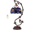 imageWERFACTORY Tiffany Table Lamp Blue Stained Glass Lotus Style Desk Reading Light with Metal Leaf Base 8X10X21 Inches Decor Small Space Bedroom Home Office S220 Series