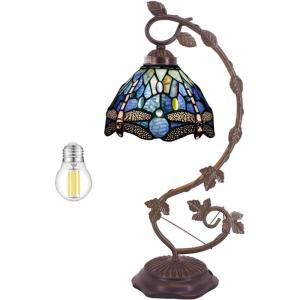 imageWERFACTORY Tiffany Lamp Blue Stained Glass Dragonfly Table Lamp Metal Leaf Desk Reading Light 8X10X21 Inches Decor Small Space Bedroom Home Office S631 Series