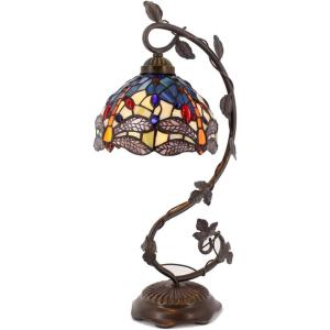 imageWERFACTORY Tiffany Lamp Stained Glass Table Lamp Blue Yellow Dragonfly Style Desk Light Metal Leaf Base 8X10X21 Inches Decor Small Space Bedroom Home Office S128 Series