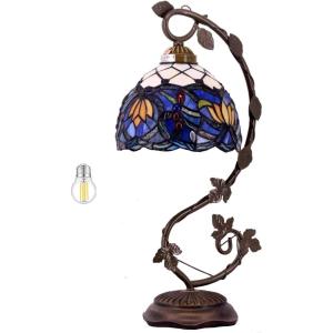 imageWERFACTORY Tiffany Table Lamp Blue Stained Glass Lotus Style Desk Reading Light with Metal Leaf Base 8X10X21 Inches Decor Small Space Bedroom Home Office S220 Series