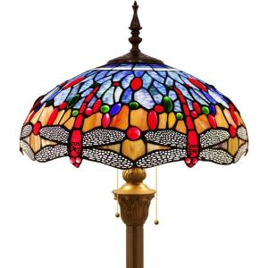 imageWERFACTORY Tiffany Floor Lamp Dragonfly Blue Brown Stained Glass Standing Reading Light 16X16X64 Inches Antique Pole Corner Lamp Decor Bedroom Living Room Home Office S688 Series