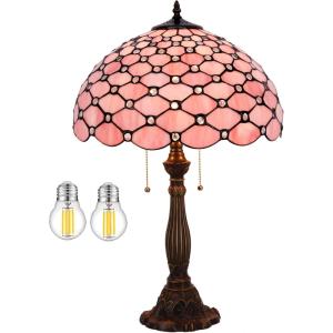 imageWERFACTORY Tiffany Table Lamp Stained Glass Bedside Lamp 16X16X24 Inches Pink Pearl Bead Desk Reading Light Resin Base Decor Bedroom Living Room Home Office S005P Series Pink BeadPink Pearl Bead S005P Series