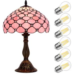 imageWERFACTORY Tiffany Lamp Pink Stained Glass Bead Table Lamp Desk Bedside Reading Light 12X12X18 Inches Deco Bedroom Living Room Home Office S005P Series
