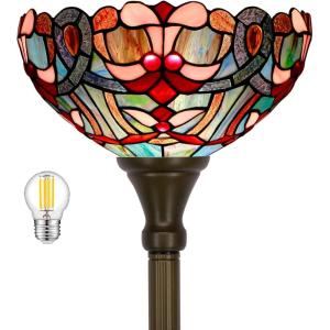 imageWERFACTORY Tiffany Floor Lamp Blue Pink Stained Glass Light 12X12X71 Inches Pole Torchiere Standing Corner Torch Uplight Decor Bedroom Living Room Home Office S830B Series