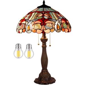 imageWERFACTORY Tiffany Lamp Blue Pink Stained Glass Bedside Table Lamp 16X16X24 Inch Desk Reading Lamp Resin Base Decoration Bedroom Living Room Home Office S830B Series