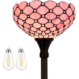 imageWERFACTORY Tiffany Floor Lamp Pink Stained Glass Pearl Bead Light 12X12X71 Inches Torchiere Standing Corner Torch Uplight Decor Bedroom Living Room Home Office S005P Series