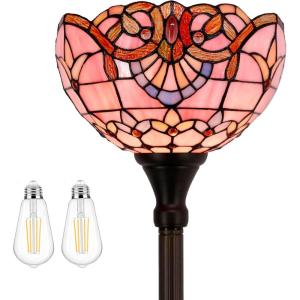 imageWERFACTORY Tiffany Floor Lamp Pink Baroque Stained Glass Light 12X12X71 Inches Pole Torchiere Standing Corner Torch Uplight Decor Bedroom Living Room Home Office S003P Series