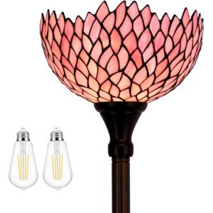 imageWERFACTORY Tiffany Floor Lamp Pink Stained Glass Wisteria Light 12X12X71 Inches Pole Torchiere Standing Corner Torch Uplight Decor Bedroom Living Room Home Office S523P Series