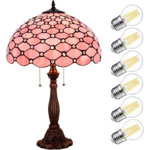 imageWERFACTORY Tiffany Table Lamp Stained Glass Bedside Lamp 16X16X24 Inches Pink Pearl Bead Desk Reading Light Resin Base Decor Bedroom Living Room Home Office S005P Series Pink Bead