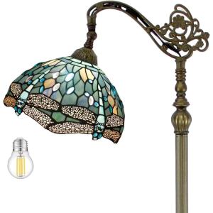 imageWERFACTORY Tiffany Style Reading Floor Lamp Sea Blue Stained Glass with Crystal Bead Dragonfly Lampshade in 64 Inch Tall Antique Arched Base for Bedroom Living Room Lighting S147 BB